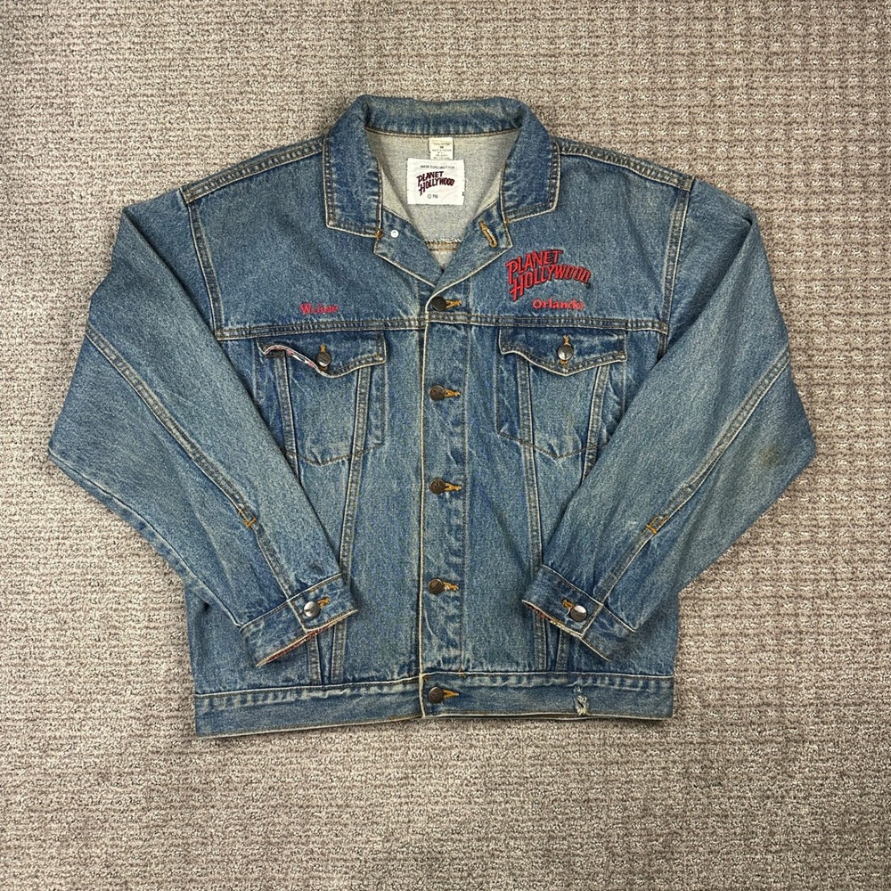 Vintage Planet Hollywood Orlando Denim Jacket Mens Medium Blue Embroidered 90s